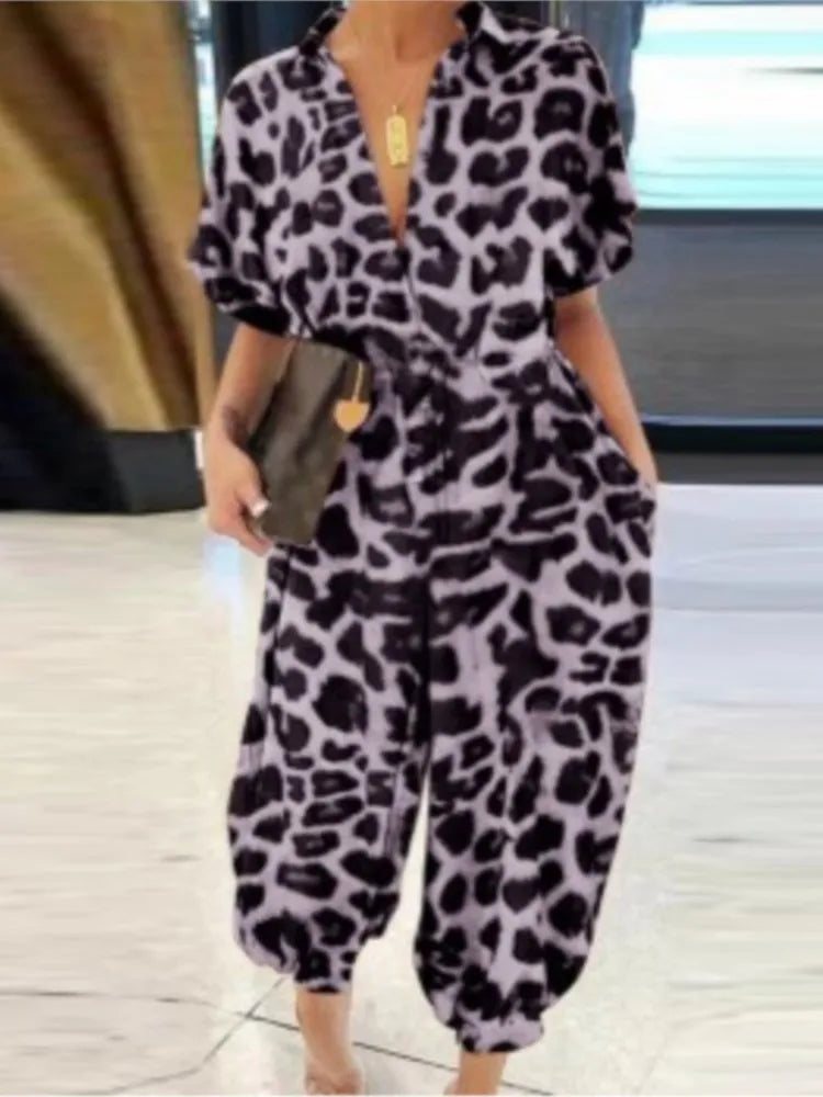 Macacão feminino de renda com decote em v, manga curta, macacão solto, macacão elegante, macacão com estampa leopardo, moda verão