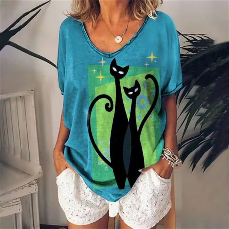 Desenhos animados 3D de mulheres Anime Cat T-shirt, Harajuku, casual, manga curta, decote em v, roupas femininas extragrandes, camiseta superior, moda