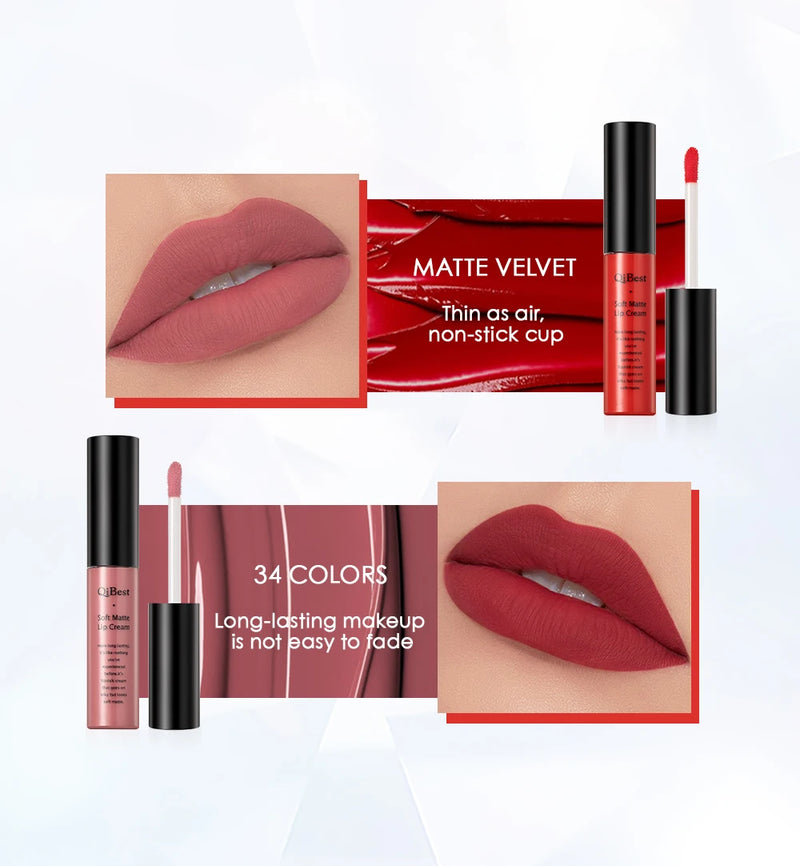 QIBEST-batom líquido fosco de veludo sexy para mulheres, gloss vermelho nu, impermeável, mancha labial duradoura, maquiagem de beleza