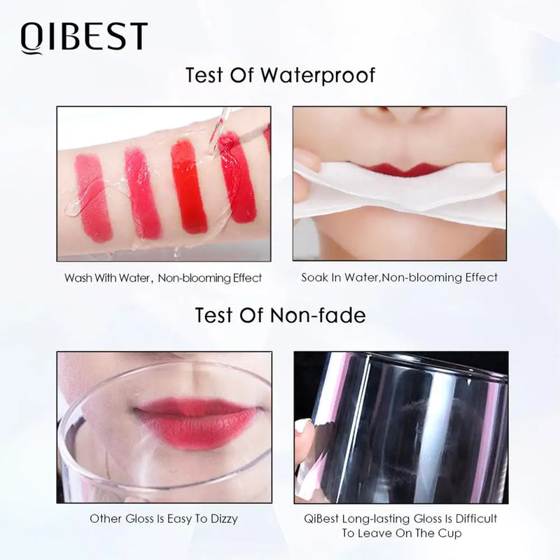 QIBEST-batom líquido fosco de veludo sexy para mulheres, gloss vermelho nu, impermeável, mancha labial duradoura, maquiagem de beleza