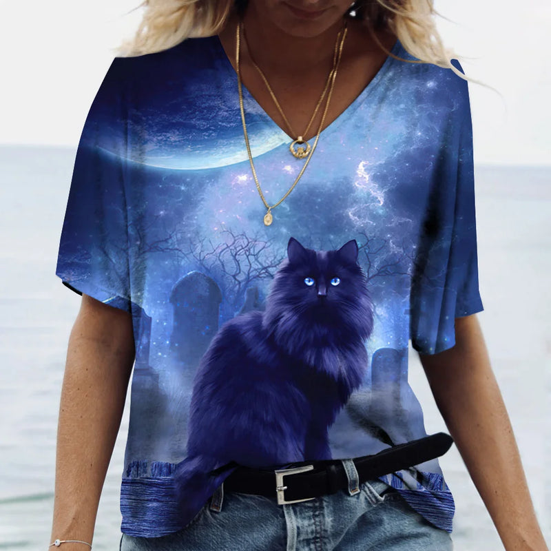 Camiseta feminina de manga curta estampada de gato, camiseta feminina Harajuku, tops extragrandes com decote em v, roupas animais, moda feminina