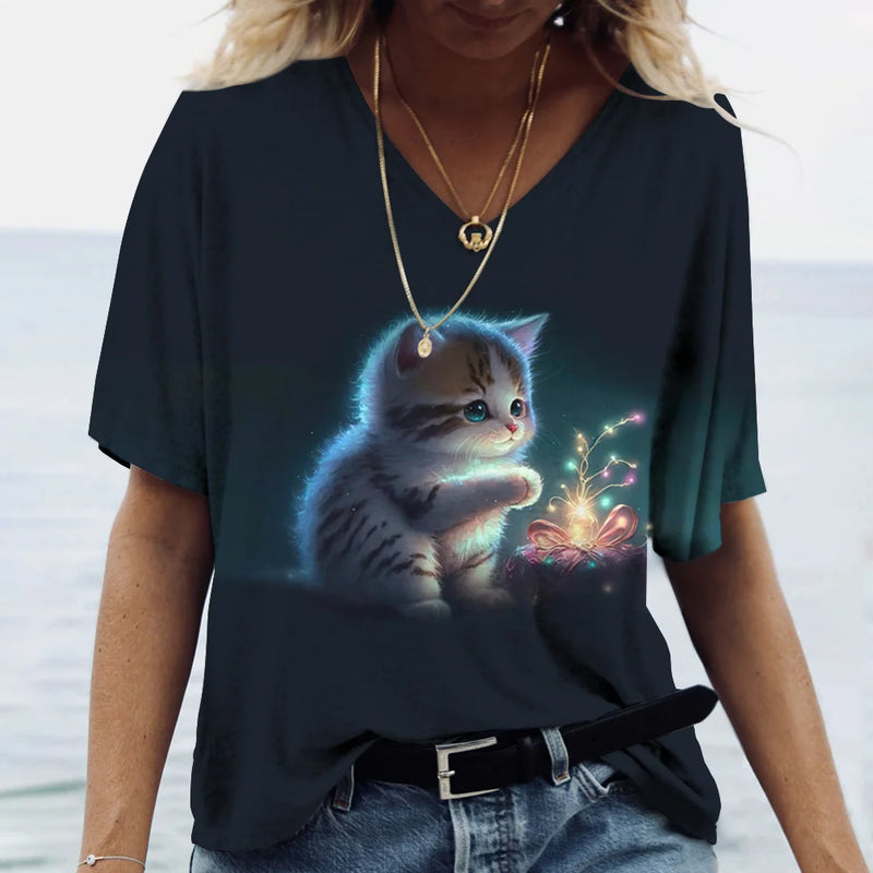 Camiseta feminina de manga curta estampada de gato, camiseta feminina Harajuku, tops extragrandes com decote em v, roupas animais, moda feminina