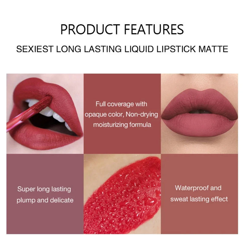 Sexy Long Lasting Velvet Matte Liquid Lipstick, Maquiagem, Mulheres Beleza, Vermelho, Antiaderente, Impermeável, Lip Gloss