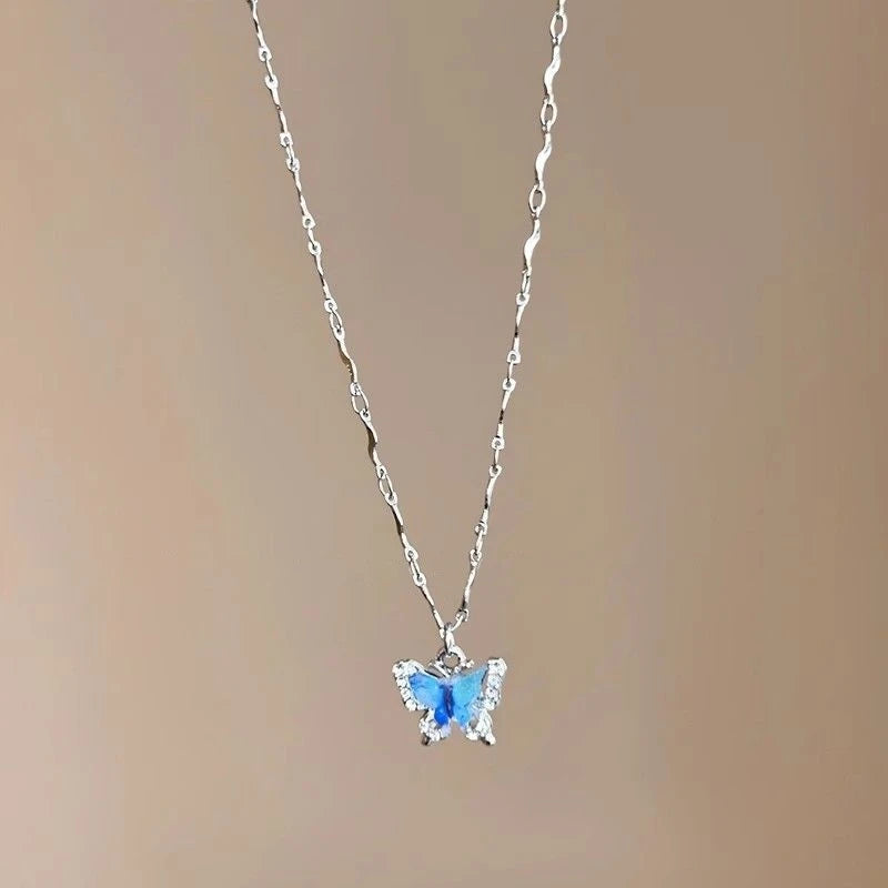 LATS Romantic Blue Crystal Butterfly Necklace for Women Girls Simple Shiny Zircon Bilayer Choker Clavicle Chain New Fine Jewelry