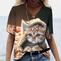 Camiseta feminina de manga curta estampada de gato, camiseta feminina Harajuku, tops extragrandes com decote em v, roupas animais, moda feminina