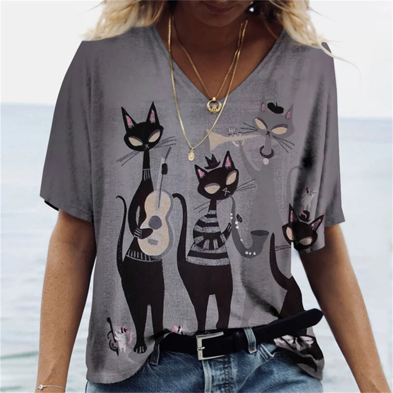 Desenhos animados 3D de mulheres Anime Cat T-shirt, Harajuku, casual, manga curta, decote em v, roupas femininas extragrandes, camiseta superior, moda