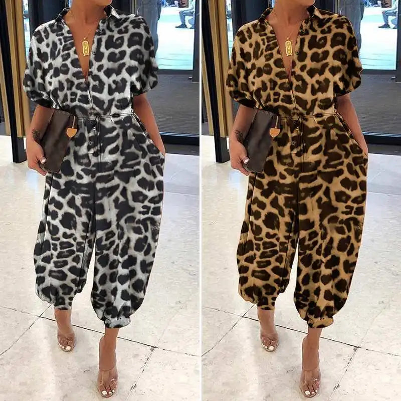 Macacão feminino de renda com decote em v, manga curta, macacão solto, macacão elegante, macacão com estampa leopardo, moda verão