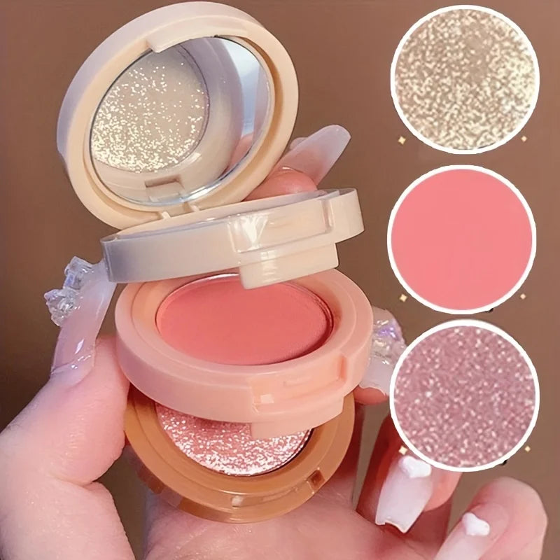 Paleta de maquiagem de textura fosca e perolada, blush de brilho, marcador, contorno de 3 camadas, 3 em 1