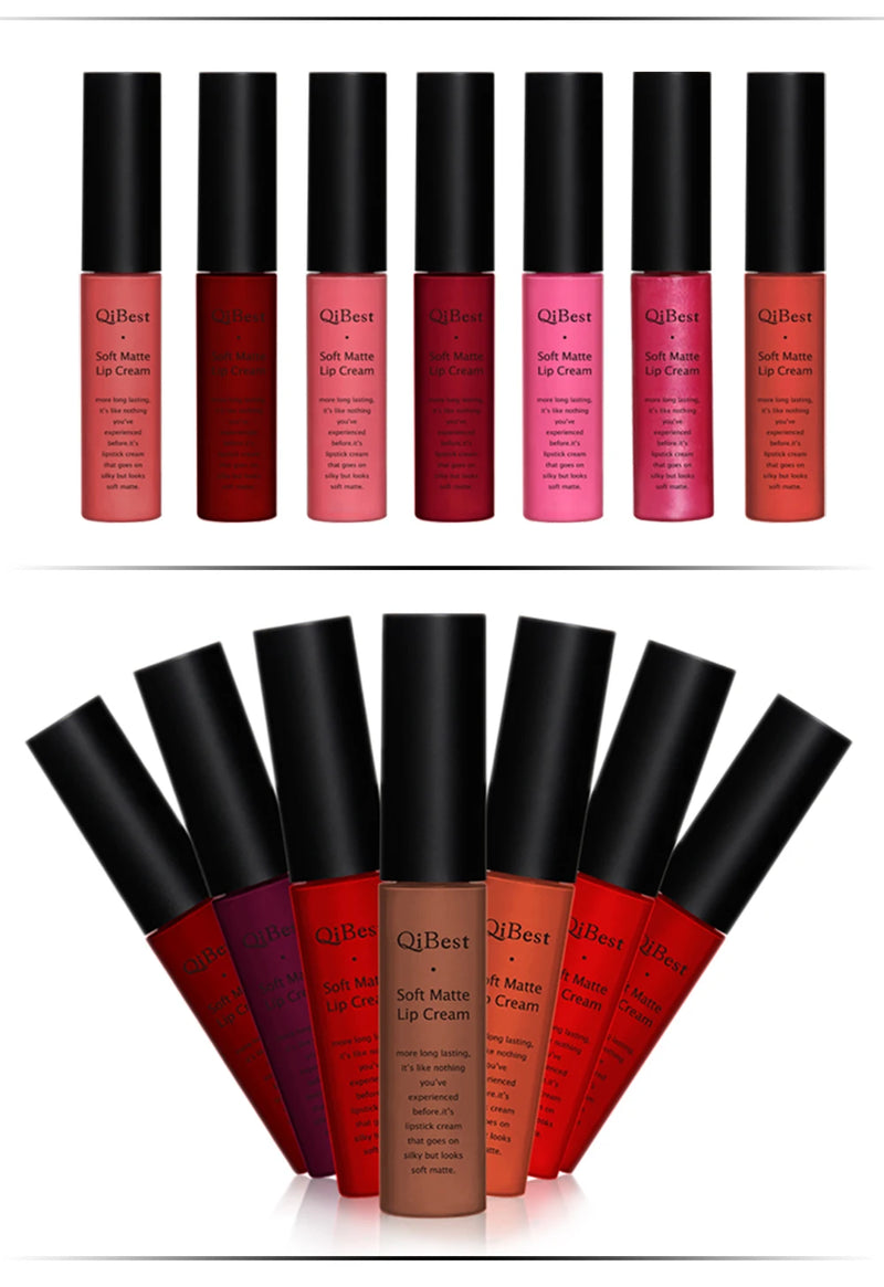 QIBEST-batom líquido fosco de veludo sexy para mulheres, gloss vermelho nu, impermeável, mancha labial duradoura, maquiagem de beleza