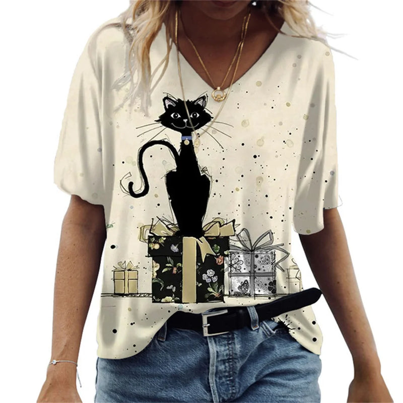 Desenhos animados 3D de mulheres Anime Cat T-shirt, Harajuku, casual, manga curta, decote em v, roupas femininas extragrandes, camiseta superior, moda