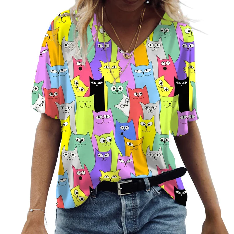 Camiseta feminina de manga curta estampada de gato, camiseta feminina Harajuku, tops extragrandes com decote em v, roupas animais, moda feminina