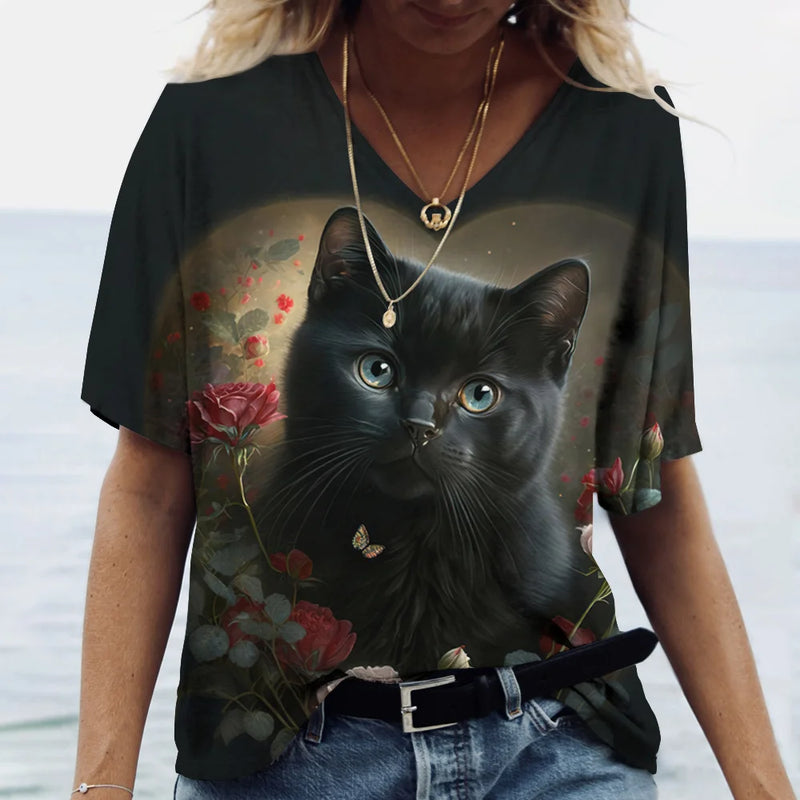 Camiseta feminina de manga curta estampada de gato, camiseta feminina Harajuku, tops extragrandes com decote em v, roupas animais, moda feminina