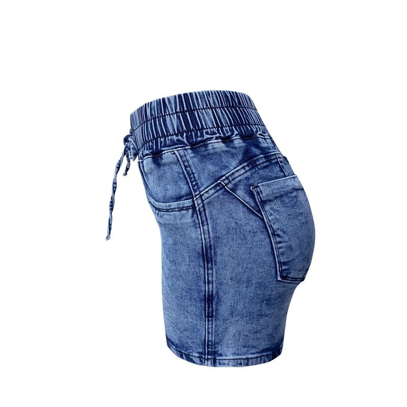 Shorts jeans femininos com cintura elástica, calças curtas femininas, jeans bandagem, verão