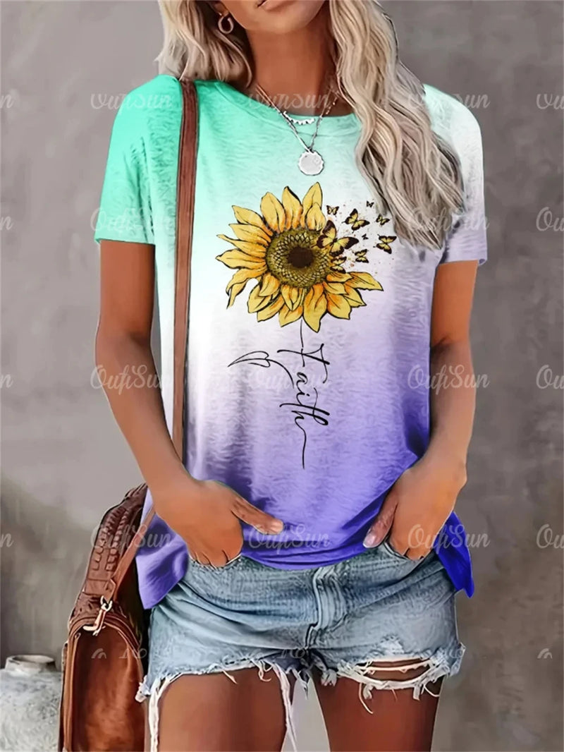 Camiseta estampada feminina dente de leão, camiseta extragrande feminina, roupa de manga curta, moda verão, novo estilo, 2024