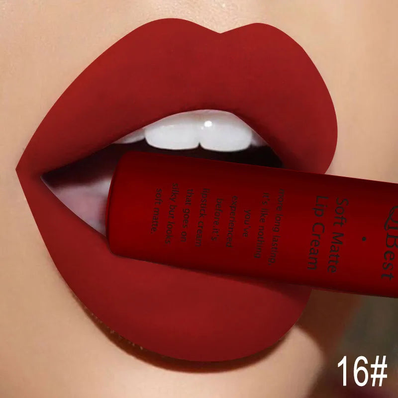 QIBEST-batom líquido fosco de veludo sexy para mulheres, gloss vermelho nu, impermeável, mancha labial duradoura, maquiagem de beleza