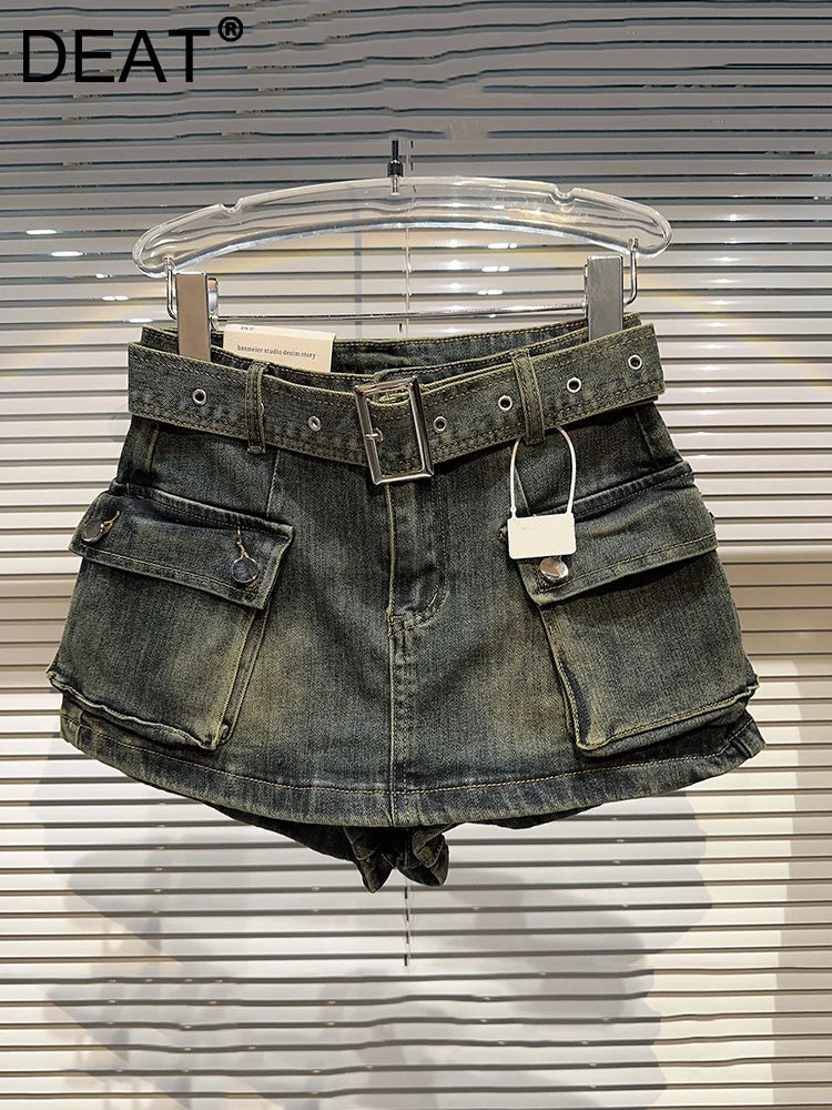 DEAT-Mini Shorts Monocromáticos de Cintura Alta Feminina, Saias Casual, Cinto, Moda, Novo, Verão, 2022, 11XX5004