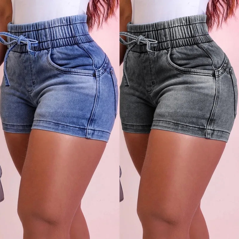 Shorts jeans femininos com cintura elástica, calças curtas femininas, jeans bandagem, verão