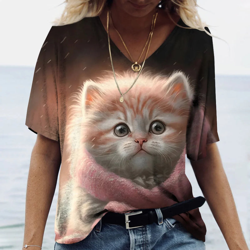 Camiseta feminina de manga curta estampada de gato, camiseta feminina Harajuku, tops extragrandes com decote em v, roupas animais, moda feminina