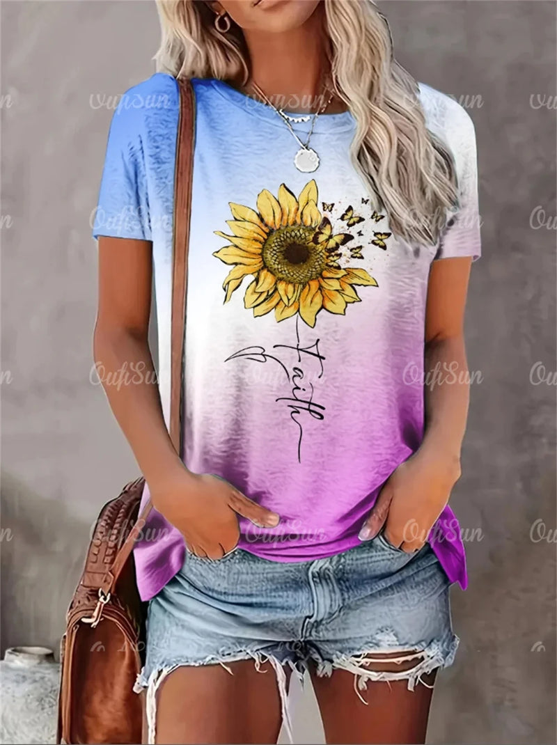 Camiseta estampada feminina dente de leão, camiseta extragrande feminina, roupa de manga curta, moda verão, novo estilo, 2024