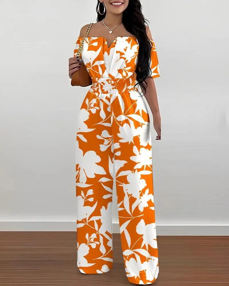 Macacão elegante fora do ombro feminino, manga curta, calça larga, macacão, casual, tendência da moda, verão, 2024