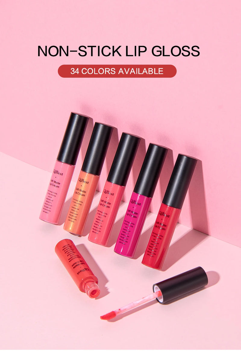 QIBEST-batom líquido fosco de veludo sexy para mulheres, gloss vermelho nu, impermeável, mancha labial duradoura, maquiagem de beleza