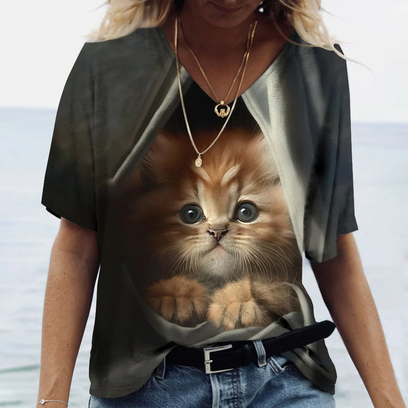 Camiseta feminina de manga curta estampada de gato, camiseta feminina Harajuku, tops extragrandes com decote em v, roupas animais, moda feminina