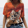 Camiseta feminina de manga curta estampada de gato, camiseta feminina Harajuku, tops extragrandes com decote em v, roupas animais, moda feminina