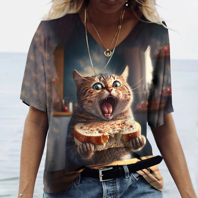 Camiseta feminina de manga curta estampada de gato, camiseta feminina Harajuku, tops extragrandes com decote em v, roupas animais, moda feminina