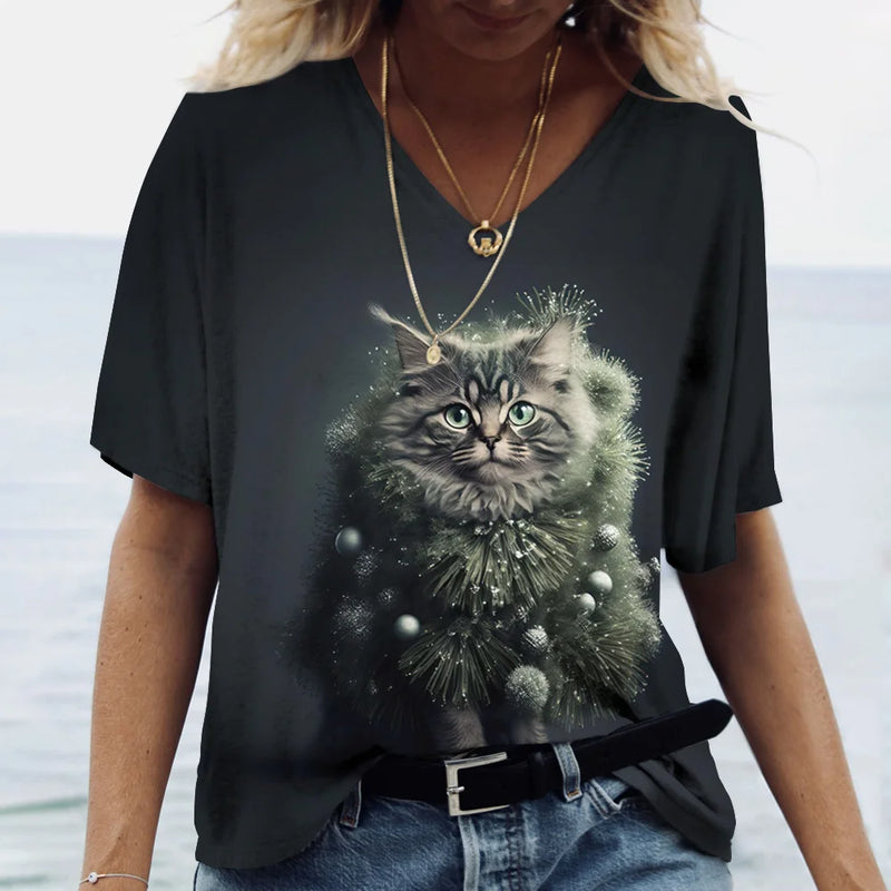 Camiseta feminina de manga curta estampada de gato, camiseta feminina Harajuku, tops extragrandes com decote em v, roupas animais, moda feminina