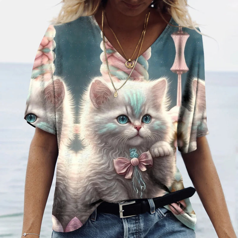 Camiseta feminina de manga curta estampada de gato, camiseta feminina Harajuku, tops extragrandes com decote em v, roupas animais, moda feminina