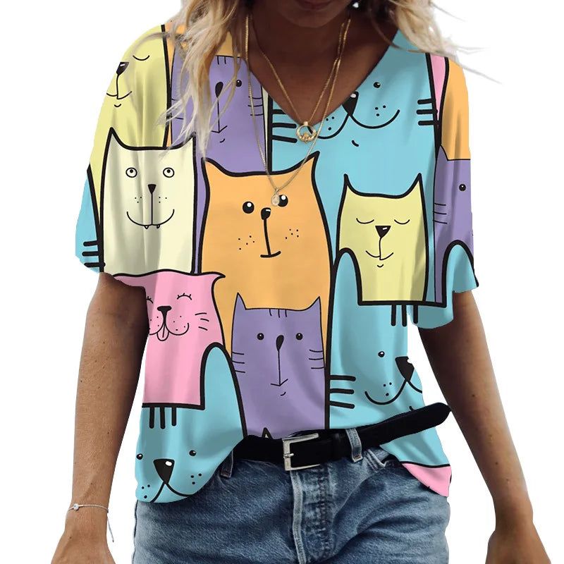 Camiseta feminina de manga curta estampada de gato, camiseta feminina Harajuku, tops extragrandes com decote em v, roupas animais, moda feminina