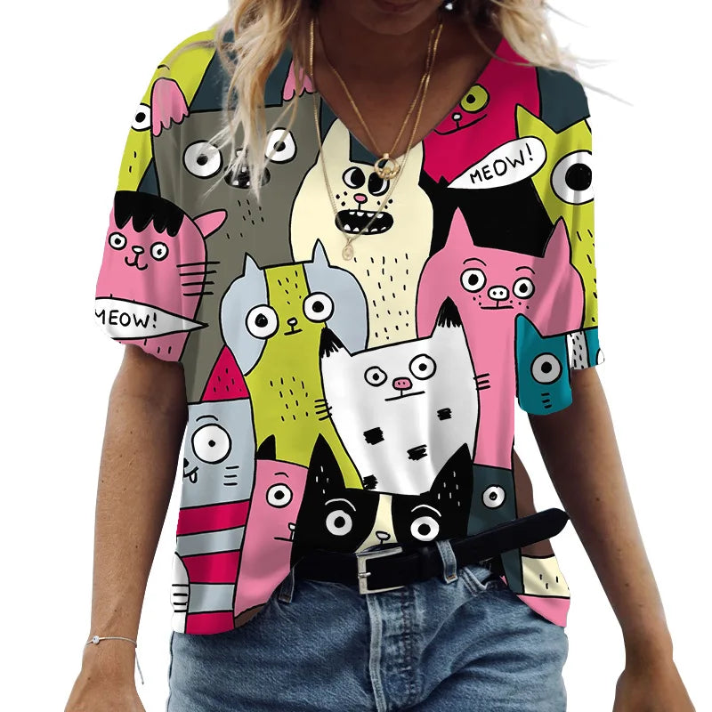 Camiseta feminina de manga curta estampada de gato, camiseta feminina Harajuku, tops extragrandes com decote em v, roupas animais, moda feminina