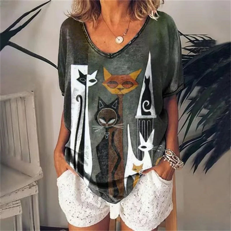 Desenhos animados 3D de mulheres Anime Cat T-shirt, Harajuku, casual, manga curta, decote em v, roupas femininas extragrandes, camiseta superior, moda