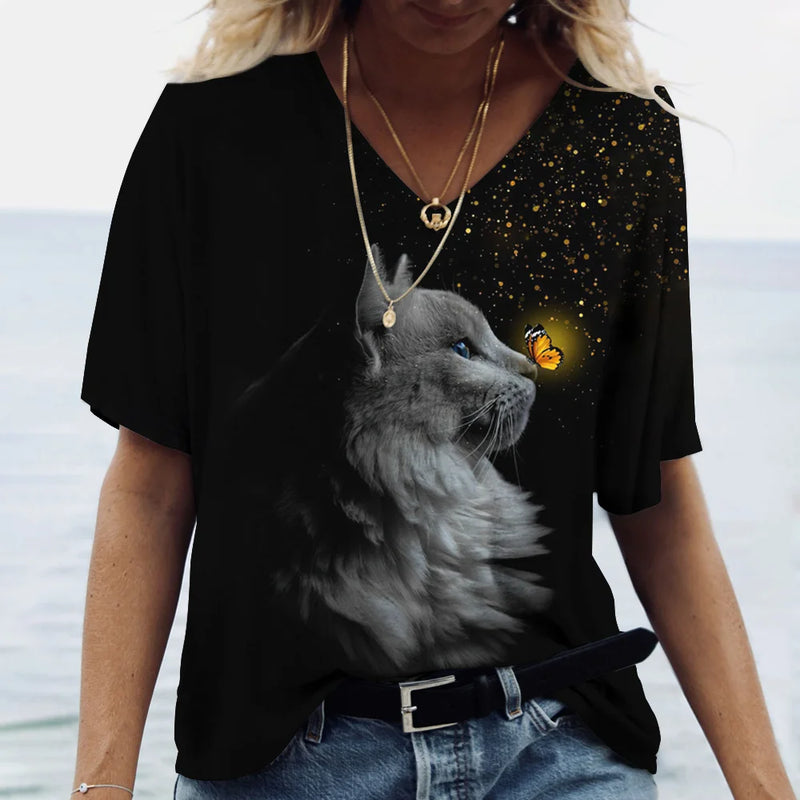 Camiseta feminina de manga curta estampada de gato, camiseta feminina Harajuku, tops extragrandes com decote em v, roupas animais, moda feminina