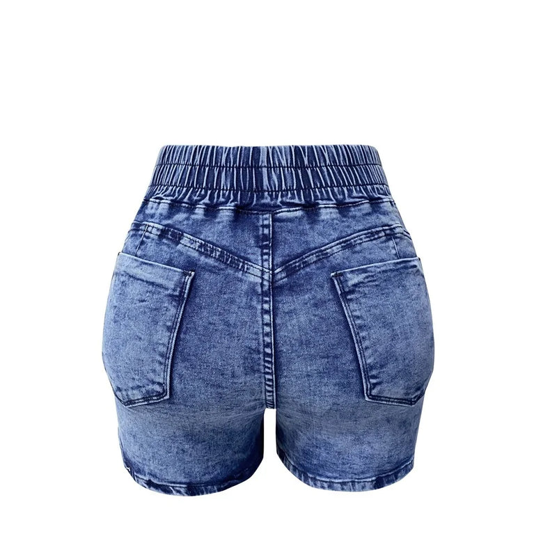 Shorts jeans femininos com cintura elástica, calças curtas femininas, jeans bandagem, verão