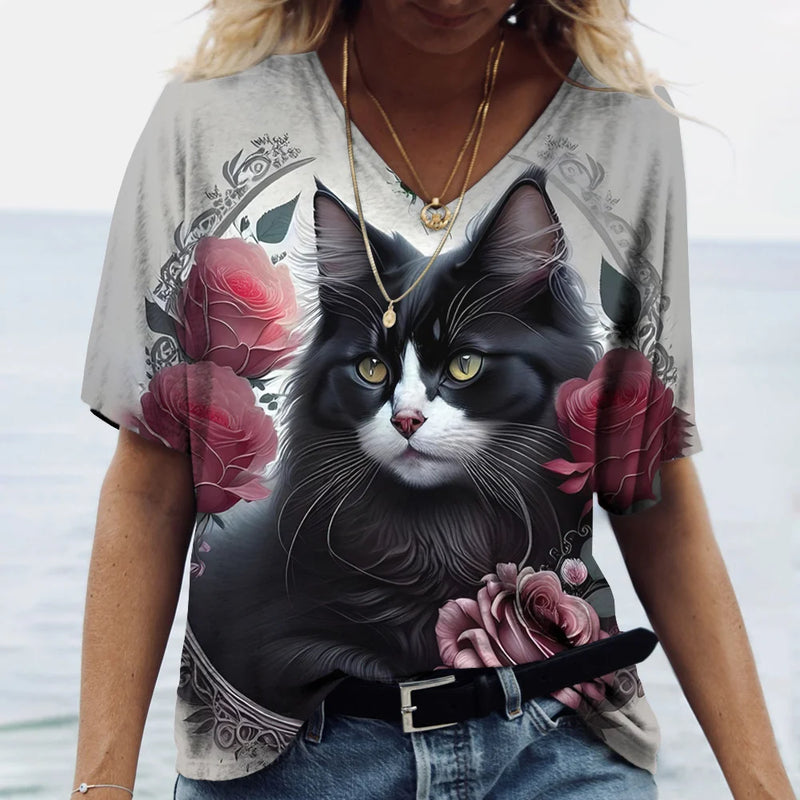 Camiseta feminina de manga curta estampada de gato, camiseta feminina Harajuku, tops extragrandes com decote em v, roupas animais, moda feminina