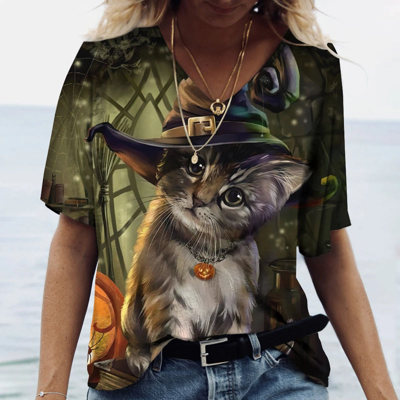 Camiseta feminina de manga curta estampada de gato, camiseta feminina Harajuku, tops extragrandes com decote em v, roupas animais, moda feminina