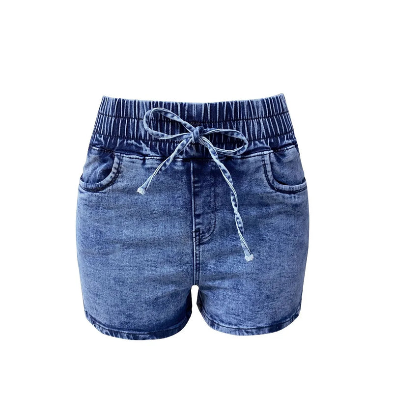 Shorts jeans femininos com cintura elástica, calças curtas femininas, jeans bandagem, verão