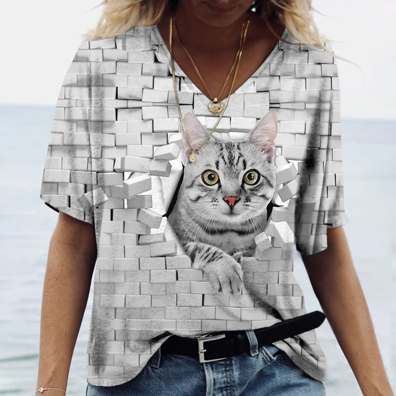 Camiseta feminina de manga curta estampada de gato, camiseta feminina Harajuku, tops extragrandes com decote em v, roupas animais, moda feminina